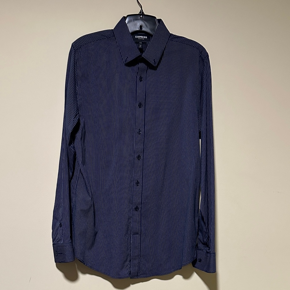 Express Men's Navy Striped Dress Shirt